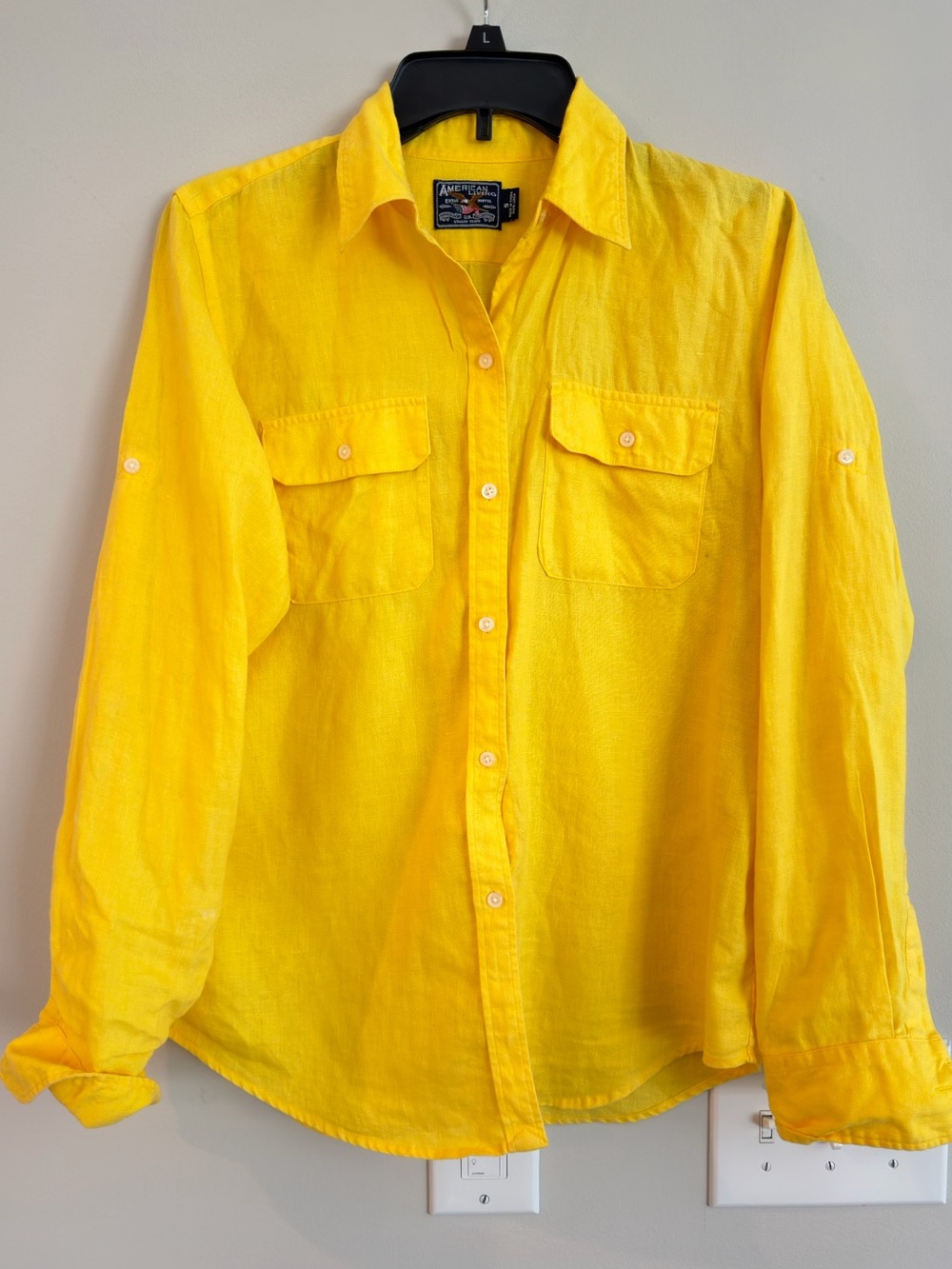 American Living Bright Yellow Button-Down Shirt 100% linen